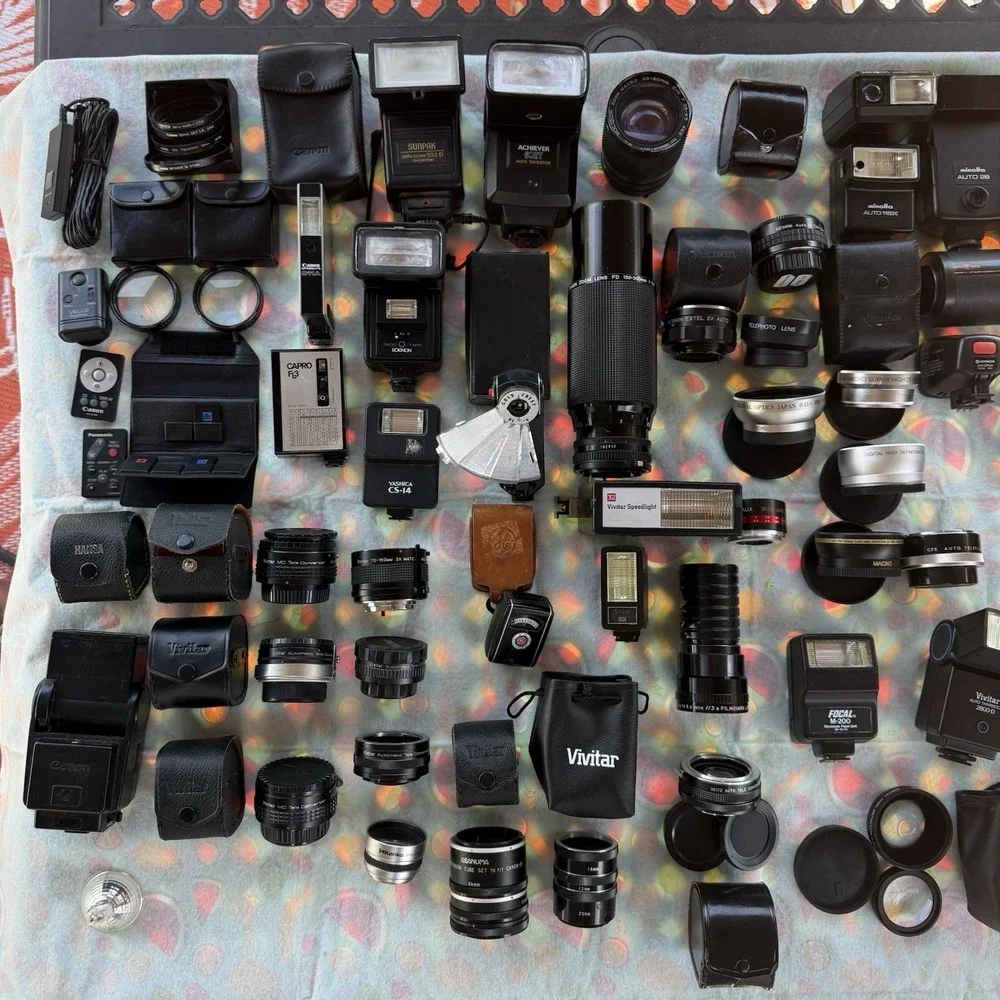 100+ Piece Lot of Camera Lenses,Filters,Extensions, Accessories & Flash-Untested